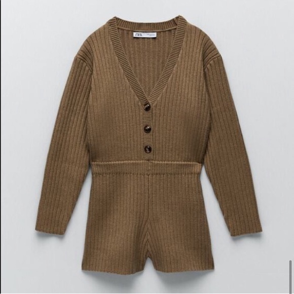 NWT Zara Taupe Ribbed Sweater Knit Short Romper M - Picture 11 of 11